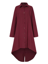 Women Solid Color Lapel Lack Slit Loose Shirt Dress